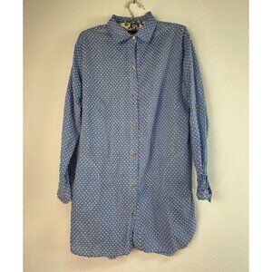 Duffield Lane Shirt Womens Large Roll Tab Sleeve Swiss Dot Tunic Top Blue Cotton